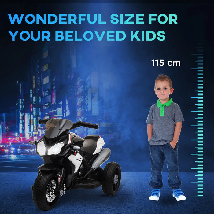 6V kids electric ride-on motorbike with lights beside boy height chart, urban night background
