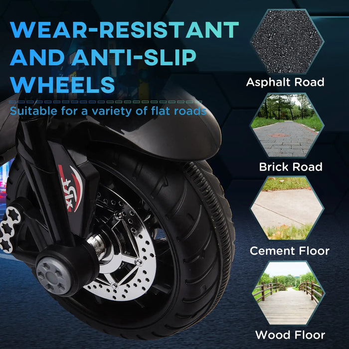 Close-up of kids' electric ride-on motorbike wheel, wear-resistant, anti-slip, for flat roads