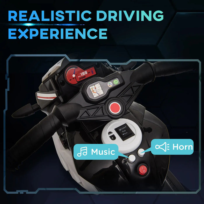 6V kids electric ride-on motorbike handlebar with controls, music and horn buttons visible