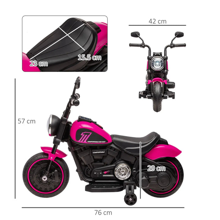 Pink kids electric ride-on motorbike with training wheels, measurements labeled
