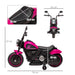 Pink kids electric ride-on motorbike with training wheels, measurements labeled