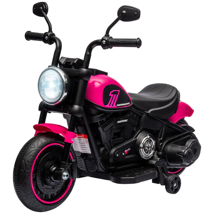 Pink kids electric ride-on motorbike with training wheels and headlight, on white background