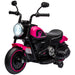 Pink kids electric ride-on motorbike with training wheels and headlight, on white background