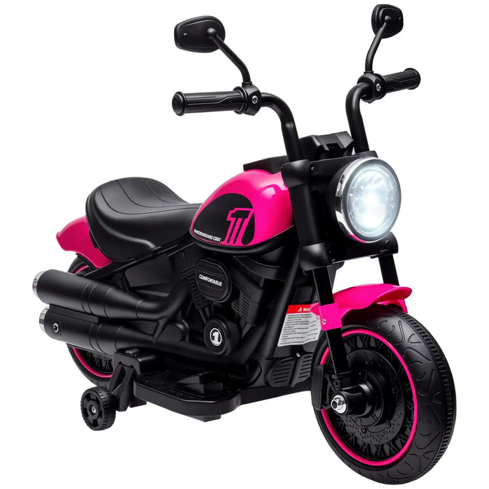 Pink kids' electric ride-on motorbike with training wheels and smooth traction tires