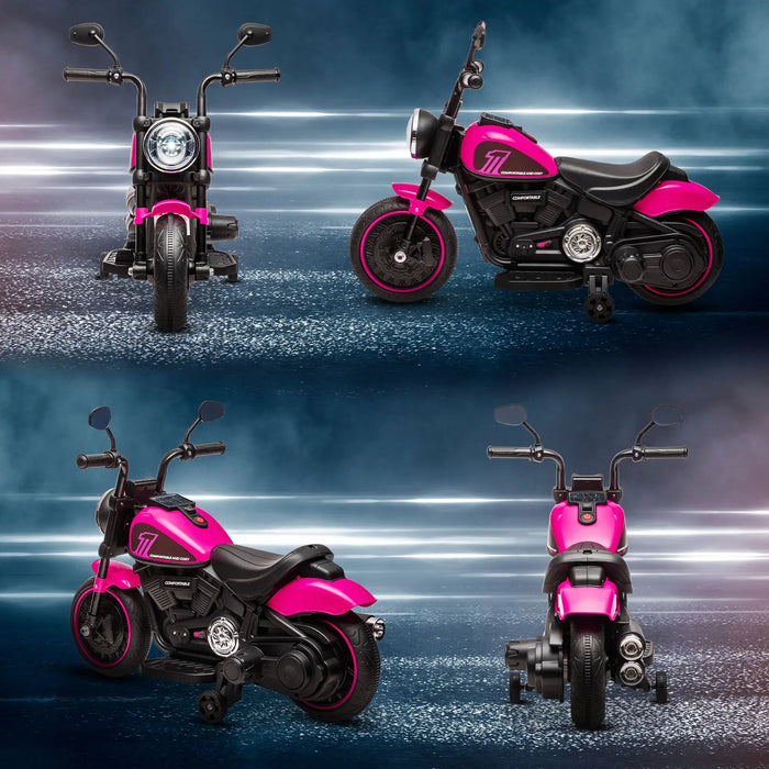 Pink kids electric ride-on motorbike with training wheels on sleek, futuristic background
