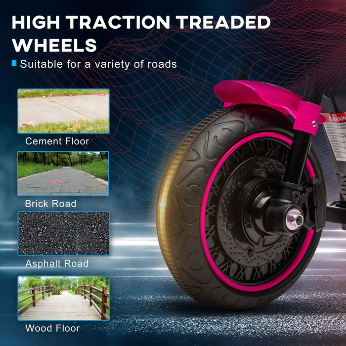 Pink kids’ electric motorbike with high traction treaded wheels for various road surfaces