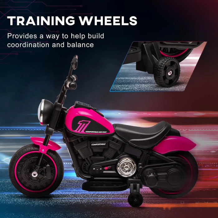 Pink 6V kids electric ride-on motorbike with training wheels and smooth tyres on display