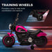 Pink 6V kids electric ride-on motorbike with training wheels and smooth tyres on display