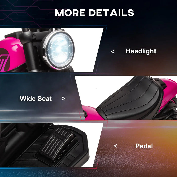 Pink kids electric ride-on motorbike close-up showing headlight, wide seat, and pedal details