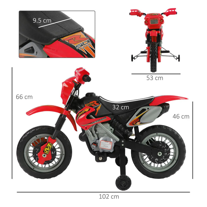 Red kids dirt bike with training wheels, detailed side and front views, and size measurements