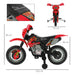 Red kids dirt bike with training wheels, detailed side and front views, and size measurements