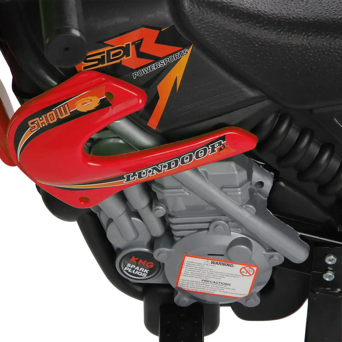 Close-up of a motorcycle engine with red Lundoor and Showa parts and Sidi R Powersports logo