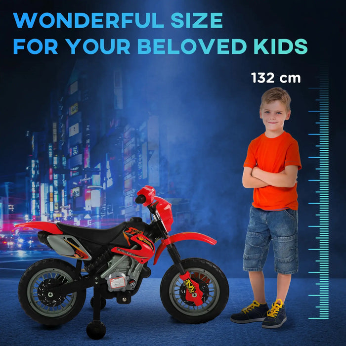 Red kids electric motorcycle with training wheels next to a 132 cm tall boy in orange shirt and denim shorts