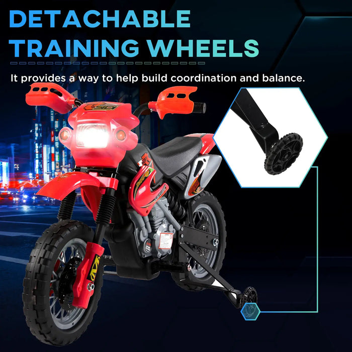 Red kids electric motorcycle with detachable training wheels enhancing balance and coordination