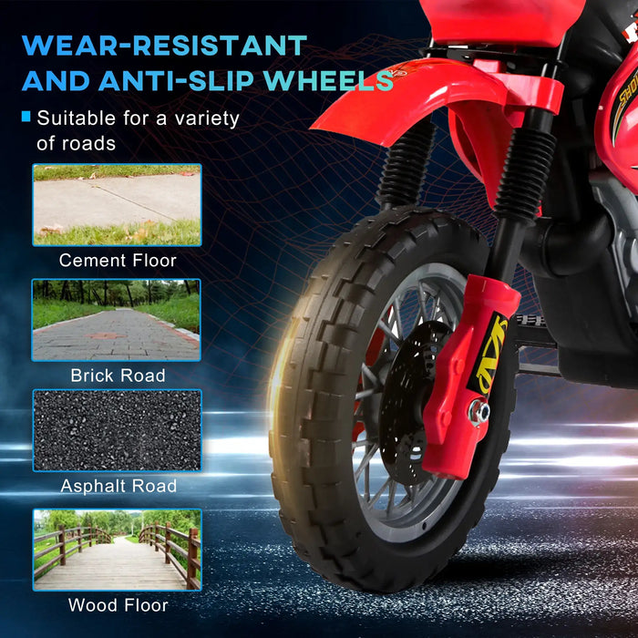 Close-up of wear-resistant, anti-slip motorcycle wheel with red suspension, suitable for cement, brick, asphalt, and wood roads