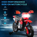 Red and black high-performance electric ride-on motorcycle with training wheels and bright headlight