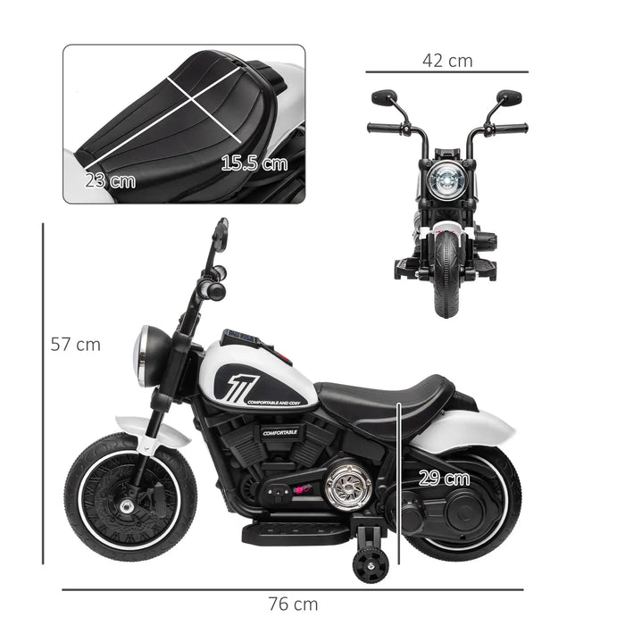 Black and white children's electric ride-on motorcycle with dimensions and padded seat close-up