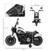 Black and white children's electric ride-on motorcycle with dimensions and padded seat close-up