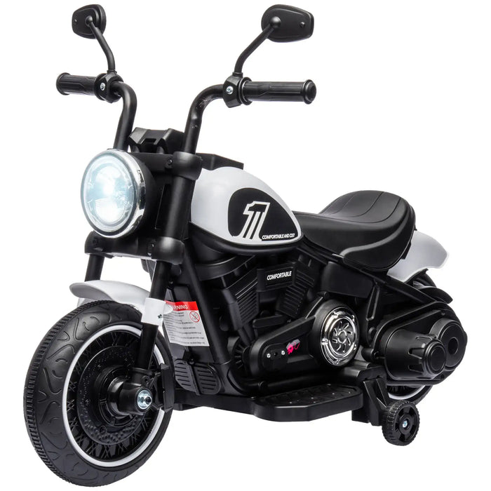 Black and white children's electric ride-on motorcycle with training wheels and LED headlight