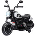 Black and white children's electric ride-on motorcycle with training wheels and LED headlight