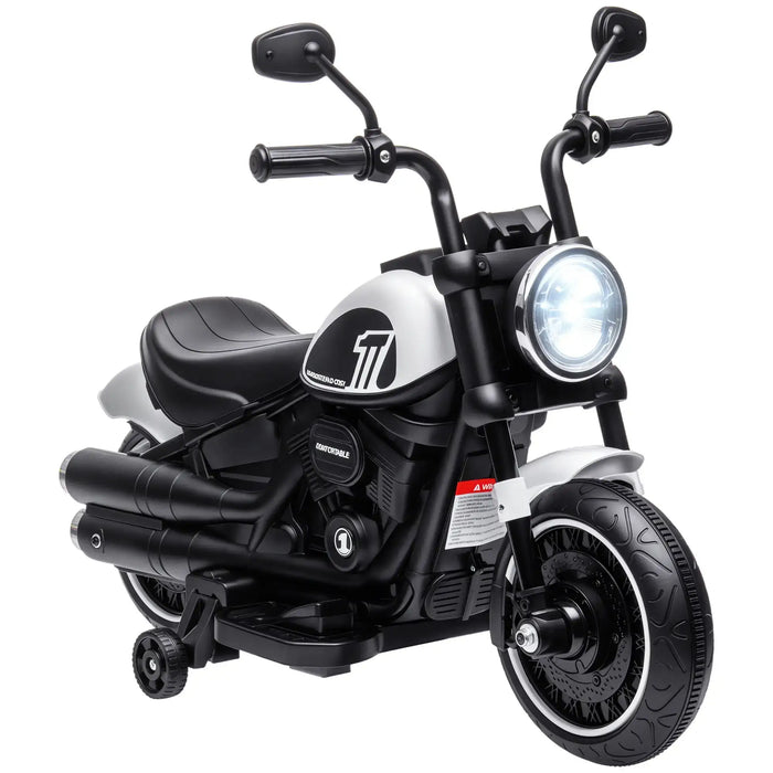 Black and white kid's electric ride-on motorcycle with training wheels and front headlight
