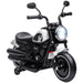 Black and white kid's electric ride-on motorcycle with training wheels and front headlight