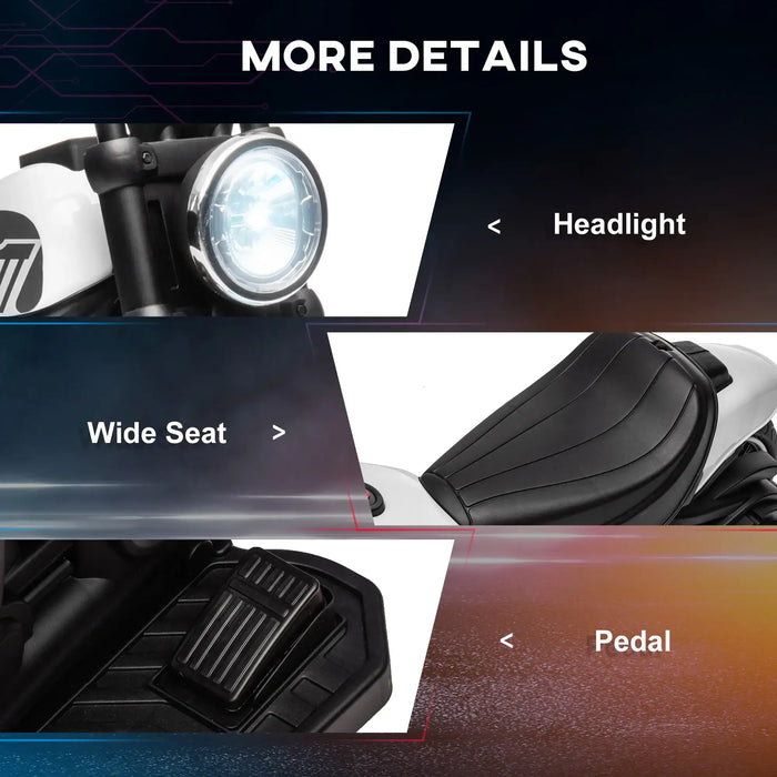 Electric ride-on vehicle details showing LED headlight, wide black seat, and textured foot pedal