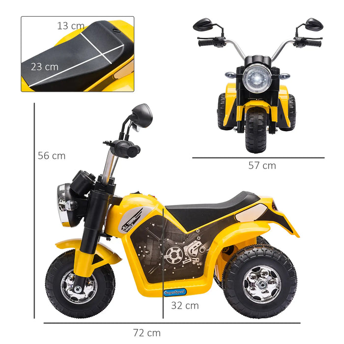 Yellow 6V kids electric ride-on motorbike with horn, reverse, and size dimensions shown