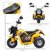 Yellow 6V kids electric ride-on motorbike with horn, reverse, and size dimensions shown