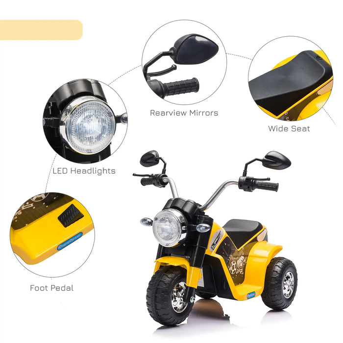 Yellow kids' electric ride-on motorbike with LED headlights, wide seat, and rearview mirrors.