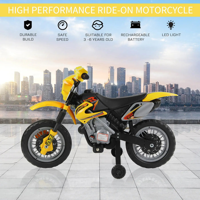Yellow kids' electric ride-on motorbike with training wheels, city skyline background