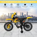 Yellow kids' electric ride-on motorbike with training wheels, city skyline background