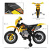 Yellow kids electric ride-on motorbike with training wheels, measurements, side and front view.