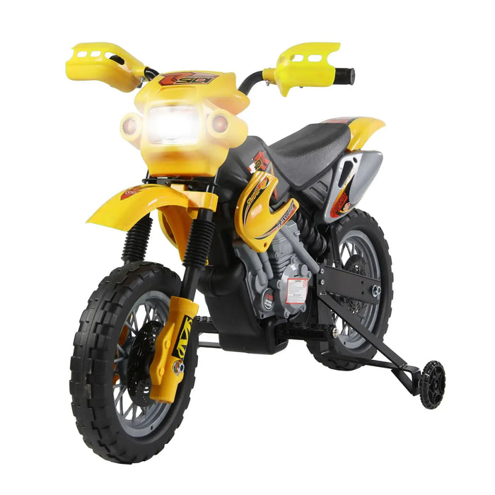 Yellow 6V kids electric ride-on motorbike with training wheels, lights and music, on white background