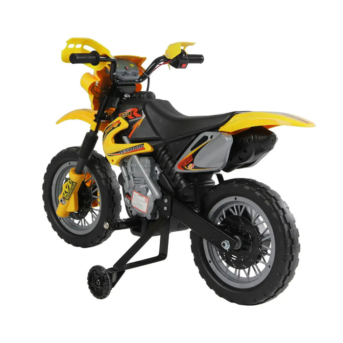 Yellow kids' electric ride-on motorbike with training wheels, black seat, and sporty design
