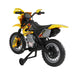 Yellow kids' electric ride-on motorbike with training wheels, black seat, and sporty design