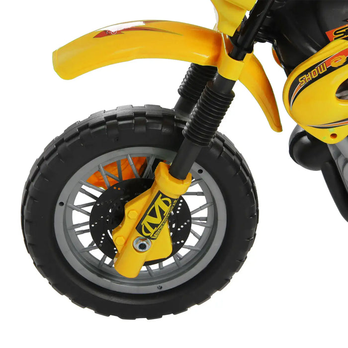 Close-up of yellow kids' electric ride-on motorbike front wheel with training wheels
