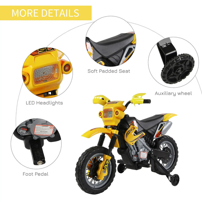 Yellow kids electric ride-on motorbike with training wheels, LED headlights, padded seat.