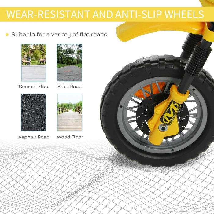 Close-up of kids' electric ride-on motorbike wheel, showing wear-resistant, anti-slip tire suitable for cement, brick, asphalt, and wood floors.