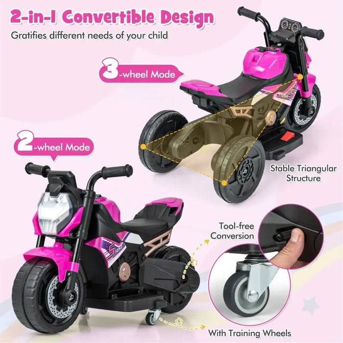 6V Kids Electric Ride-On Motorcycle – Pink | Convertible 2-in-1 Design - LED Lights COSTWAY - Little and Giant Explorers Costway