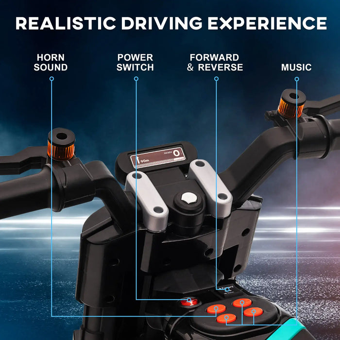 6V kids electric ride-on police motorcycle handlebar controls with labeled features