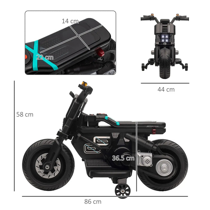 Black 6V kids electric ride-on police motorcycle with training wheels, siren, and size measurements