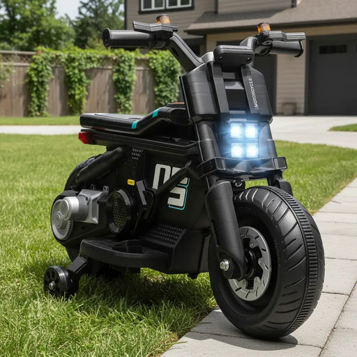 6V kids electric ride-on black police motorcycle with siren and training wheels on grass