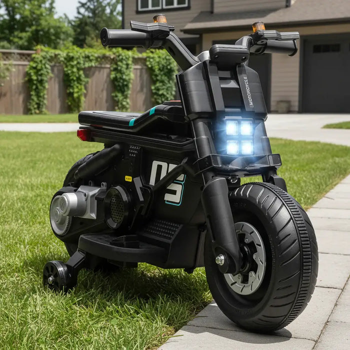 6V kids electric ride-on black police motorcycle with siren and training wheels on grass