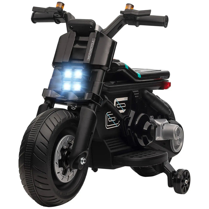 Black 6V kids electric ride-on police motorcycle with training wheels and headlights
