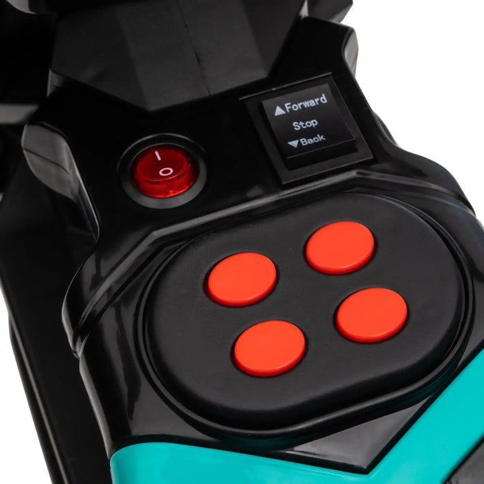 Close-up of kids' electric ride-on police motorcycle dashboard with control buttons