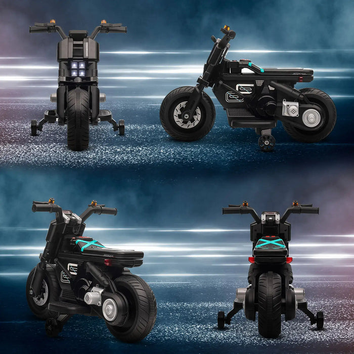 Black kids' electric ride-on police motorcycle with siren, lights, and training wheels