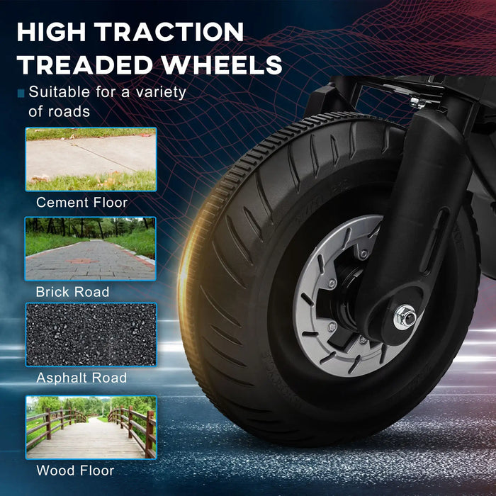High traction treaded ride-on police motorcycle wheel with cement, brick, asphalt, wood road types