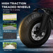 High traction treaded ride-on police motorcycle wheel with cement, brick, asphalt, wood road types
