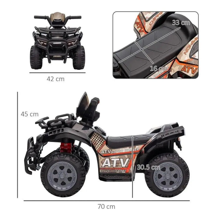 Black 6V kids electric ride-on ATV quad bike with racing stickers, size dimensions shown